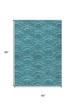 5' X 8' Teal Blue Fern Green And Ivory Geometric Washable Indoor Outdoor Area Rug