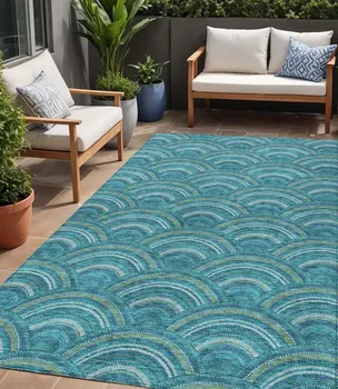5' X 8' Teal Blue Fern Green And Ivory Geometric Washable Indoor Outdoor Area Rug