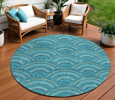 8' Teal Blue Fern Green And Ivory Round Geometric Washable Indoor Outdoor Area Rug