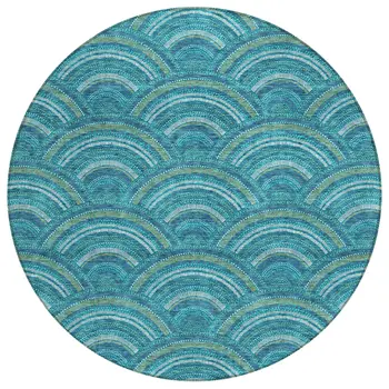 8' Teal Blue Fern Green And Ivory Round Geometric Washable Indoor Outdoor Area Rug