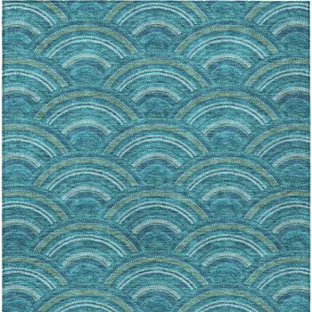 8' X 10' Teal Blue Fern Green And Ivory Geometric Washable Indoor Outdoor Area Rug