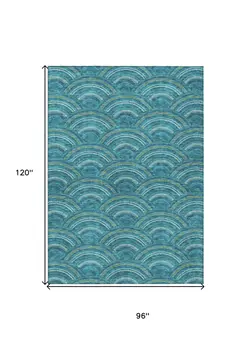 8' X 10' Teal Blue Fern Green And Ivory Geometric Washable Indoor Outdoor Area Rug