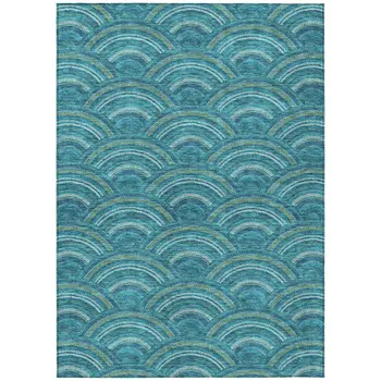 8' X 10' Teal Blue Fern Green And Ivory Geometric Washable Indoor Outdoor Area Rug