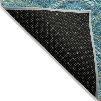 8' X 10' Teal Blue Fern Green And Ivory Geometric Washable Indoor Outdoor Area Rug