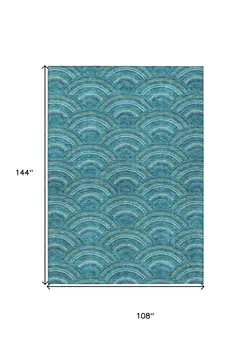 9' X 12' Teal Blue Fern Green And Ivory Geometric Washable Indoor Outdoor Area Rug