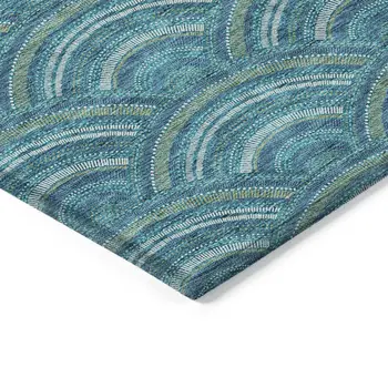 9' X 12' Teal Blue Fern Green And Ivory Geometric Washable Indoor Outdoor Area Rug