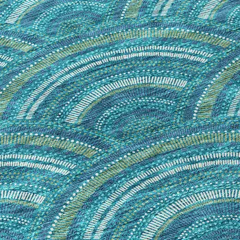 9' X 12' Teal Blue Fern Green And Ivory Geometric Washable Indoor Outdoor Area Rug