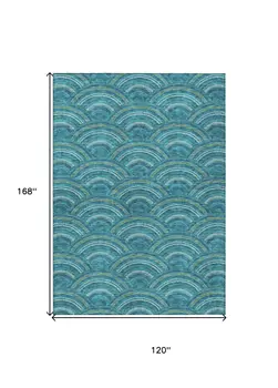 10' X 14' Teal Blue Fern Green And Ivory Geometric Washable Indoor Outdoor Area Rug