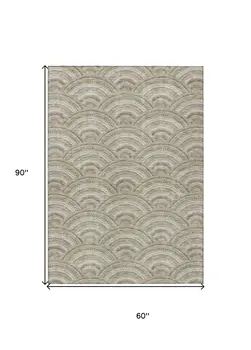 5' X 8' Taupe Fern Green And Ivory Geometric Washable Indoor Outdoor Area Rug