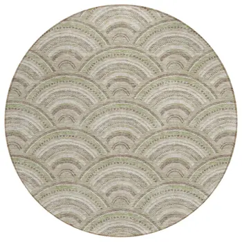 8' Taupe Fern Green And Ivory Round Geometric Washable Indoor Outdoor Area Rug
