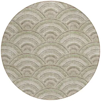 8' Taupe Fern Green And Ivory Round Geometric Washable Indoor Outdoor Area Rug