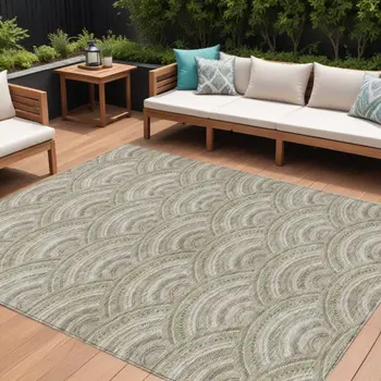 9' X 12' Taupe Fern Green And Ivory Geometric Washable Indoor Outdoor Area Rug