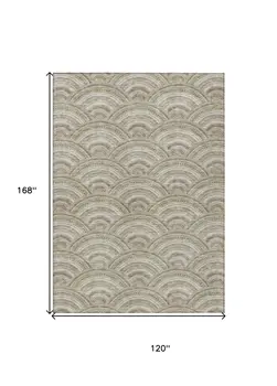 10' X 14' Taupe Fern Green And Ivory Geometric Washable Indoor Outdoor Area Rug