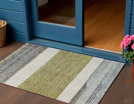 3' X 5' Artichoke Green Ivory And Blue Abstract Washable Indoor Outdoor Area Rug