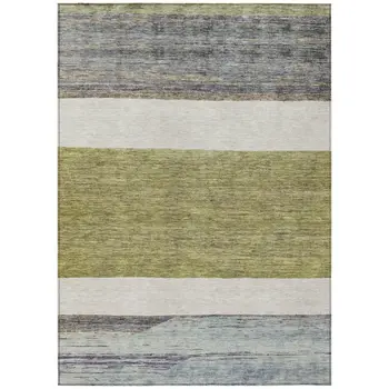 3' X 5' Artichoke Green Ivory And Blue Abstract Washable Indoor Outdoor Area Rug