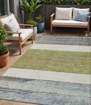 5' X 8' Artichoke Green Ivory And Blue Abstract Washable Indoor Outdoor Area Rug
