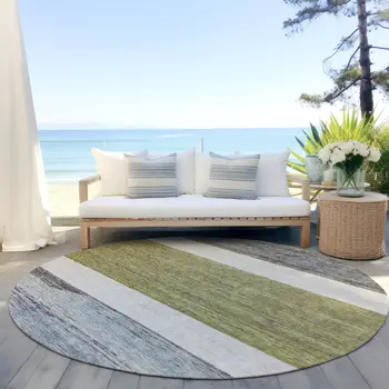 8' Artichoke Green Ivory And Blue Round Abstract Washable Indoor Outdoor Area Rug