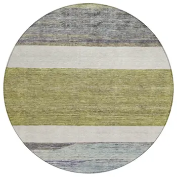 8' Artichoke Green Ivory And Blue Round Abstract Washable Indoor Outdoor Area Rug