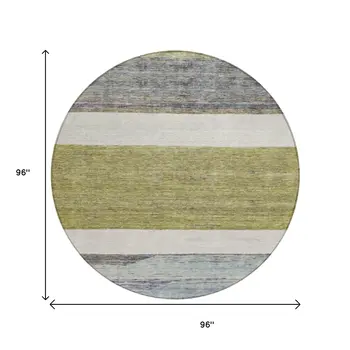 8' Artichoke Green Ivory And Blue Round Abstract Washable Indoor Outdoor Area Rug