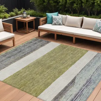 8' X 10' Artichoke Green Ivory And Blue Abstract Washable Indoor Outdoor Area Rug
