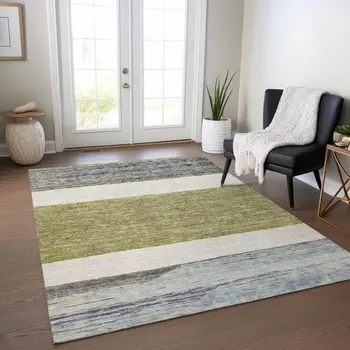 9' X 12' Artichoke Green Ivory And Blue Abstract Washable Indoor Outdoor Area Rug