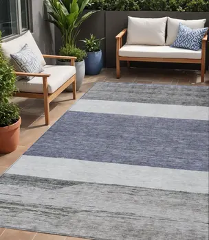 5' X 8' Denim Blue Ivory And Gray Abstract Washable Indoor Outdoor Area Rug