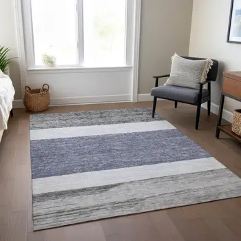 8' X 10' Denim Blue Ivory And Gray Abstract Washable Indoor Outdoor Area Rug