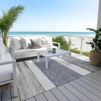 10' X 14' Denim Blue Ivory And Gray Abstract Washable Indoor Outdoor Area Rug