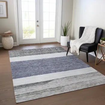 10' X 14' Denim Blue Ivory And Gray Abstract Washable Indoor Outdoor Area Rug
