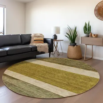 8' Gold Beige And Gray Round Abstract Washable Indoor Outdoor Area Rug