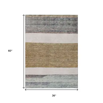 3' X 5' Brown Ivory And Blue Abstract Washable Indoor Outdoor Area Rug