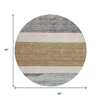 8' Brown Ivory And Blue Round Abstract Washable Indoor Outdoor Area Rug