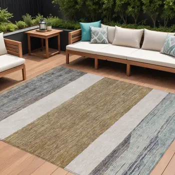 8' X 10' Brown Ivory And Blue Abstract Washable Indoor Outdoor Area Rug