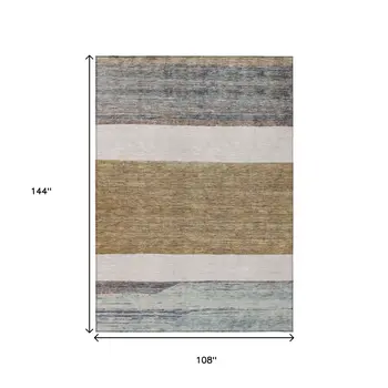 9' X 12' Brown Ivory And Blue Abstract Washable Indoor Outdoor Area Rug