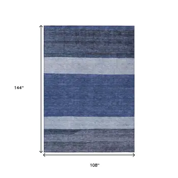 9' X 12' Navy Blue Sky Blue And Charcoal Abstract Washable Indoor Outdoor Area Rug