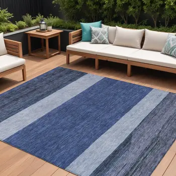 10' X 14' Navy Blue Sky Blue And Charcoal Abstract Washable Indoor Outdoor Area Rug