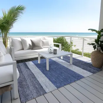 10' X 14' Navy Blue Sky Blue And Charcoal Abstract Washable Indoor Outdoor Area Rug