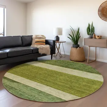 8' Olive Green Fern Green And Ivory Round Abstract Washable Indoor Outdoor Area Rug