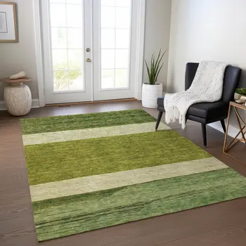 9' X 12' Olive Green Fern Green And Ivory Abstract Washable Indoor Outdoor Area Rug