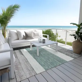 3' X 5' Teal Blue Off White And Gray Abstract Washable Indoor Outdoor Area Rug