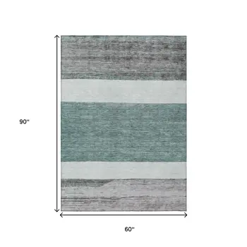 5' X 8' Teal Blue Off White And Gray Abstract Washable Indoor Outdoor Area Rug
