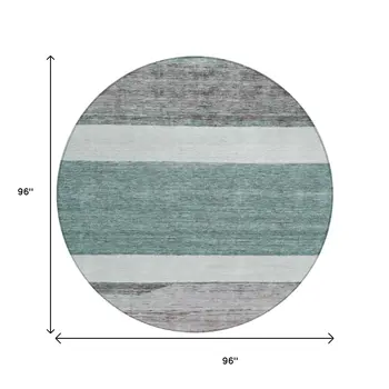 8' Teal Blue Off White And Gray Round Abstract Washable Indoor Outdoor Area Rug