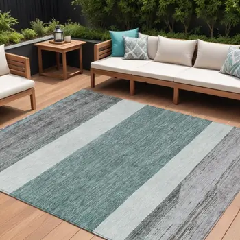 9' X 12' Teal Blue Off White And Gray Abstract Washable Indoor Outdoor Area Rug