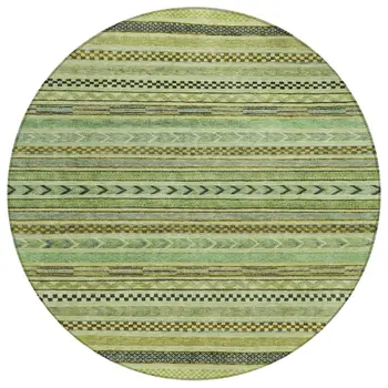 8' Artichoke Green And Taupe Round Striped Washable Indoor Outdoor Area Rug