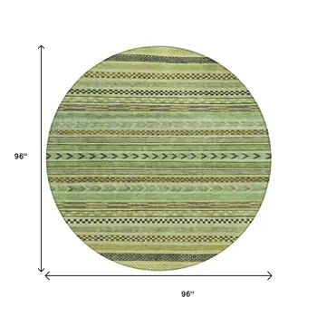 8' Artichoke Green And Taupe Round Striped Washable Indoor Outdoor Area Rug
