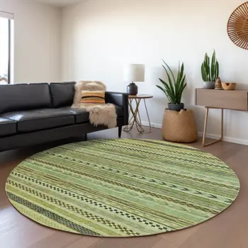 8' Artichoke Green And Taupe Round Striped Washable Indoor Outdoor Area Rug