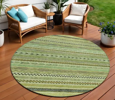 8' Artichoke Green And Taupe Round Striped Washable Indoor Outdoor Area Rug