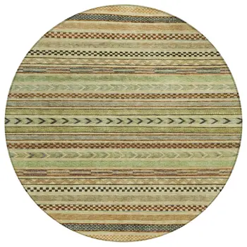 8' Beige And Taupe Round Striped Washable Indoor Outdoor Area Rug