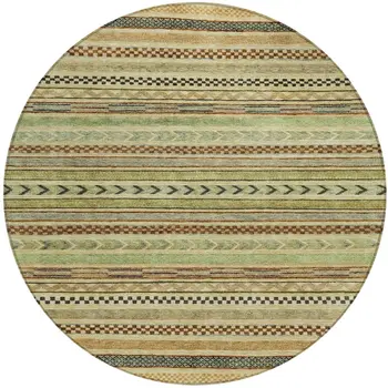 8' Beige And Taupe Round Striped Washable Indoor Outdoor Area Rug