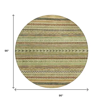 8' Beige And Taupe Round Striped Washable Indoor Outdoor Area Rug